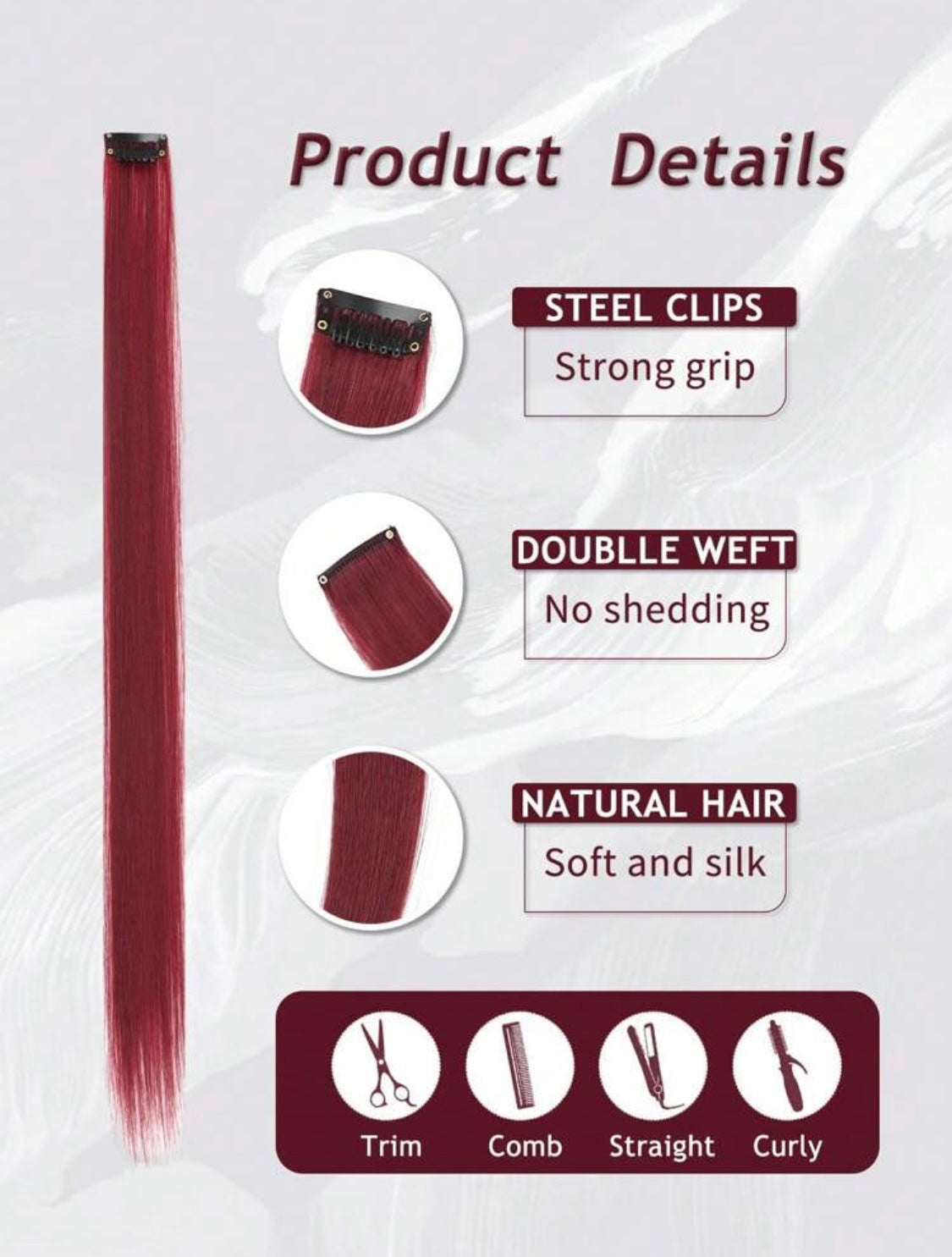 5 PCS Red Colored Clip In Hair Extensions 20 Inch Long