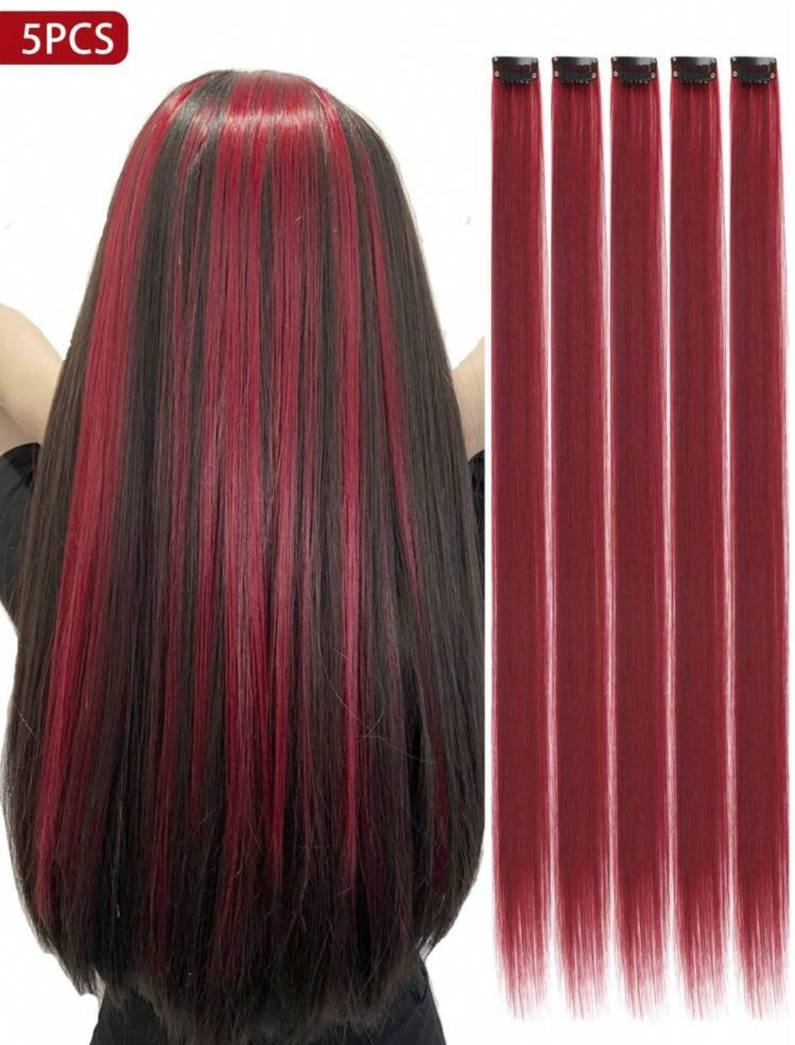 5 PCS Red Colored Clip In Hair Extensions 20 Inch Long