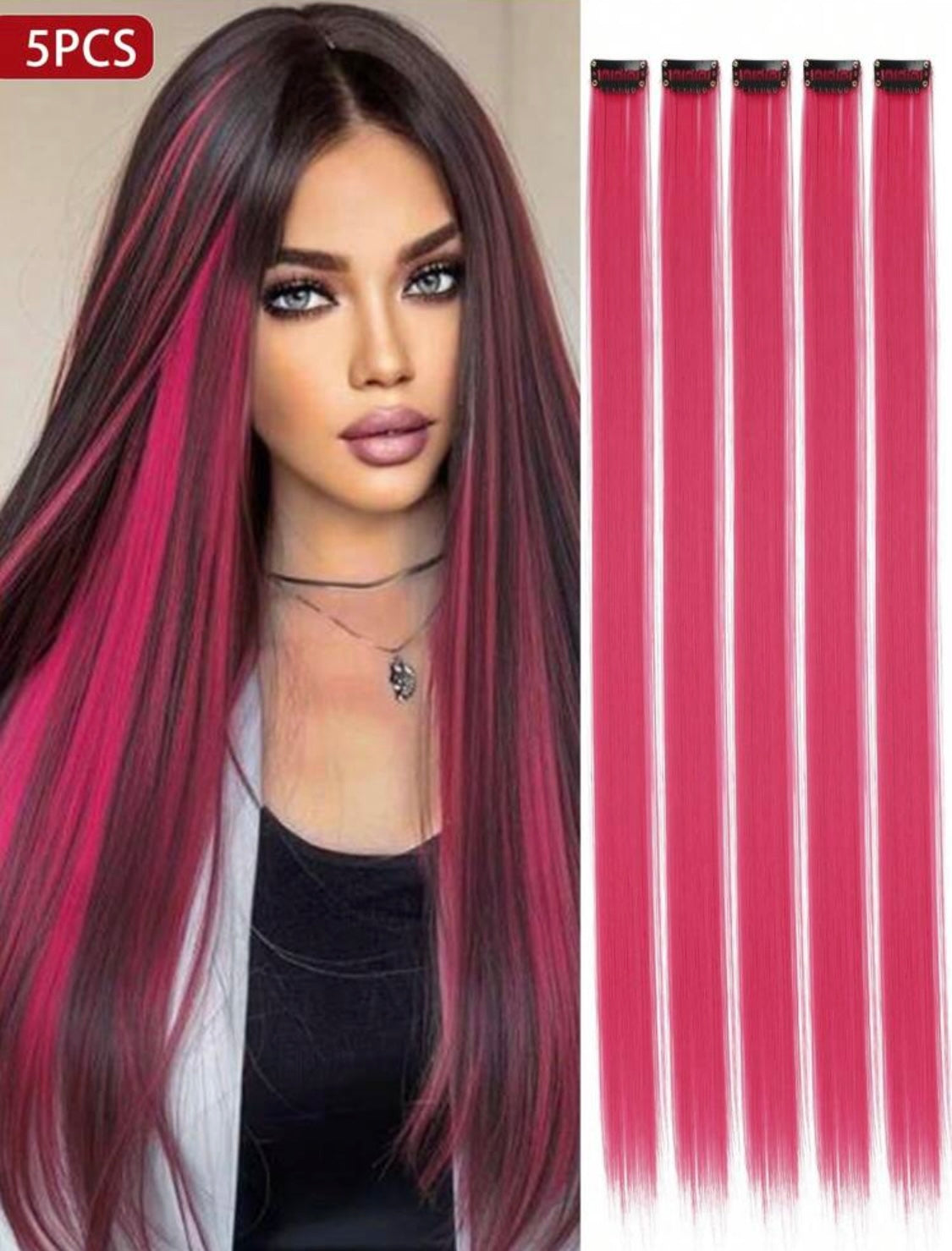 5 PCS Pink Colored Clip In Hair Extensions Long Straight