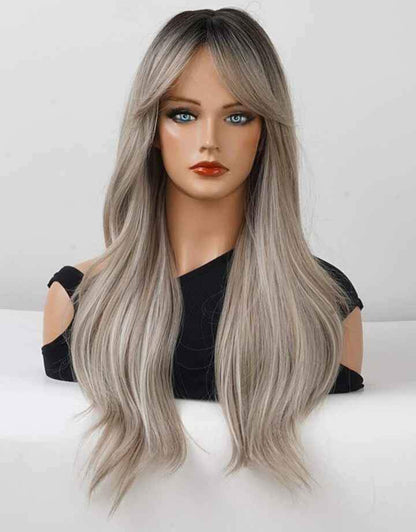 Perruque Synthétique Gris Clair Frange Cheveux Long Lisse