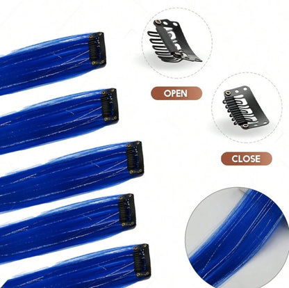 5Pcs Bleu Clip Colored Synthetic In Hair Extensions