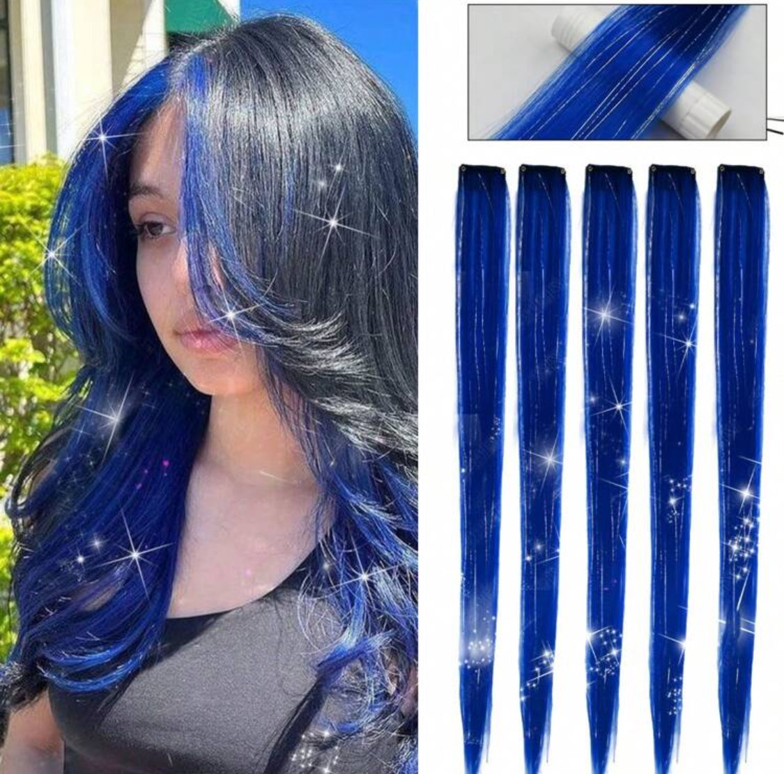 5Pcs Bleu Clip Colored Synthetic In Hair Extensions